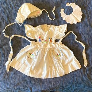 Vintage baby girl clothes embroidered sundress + bib, cape & blankets 12 months